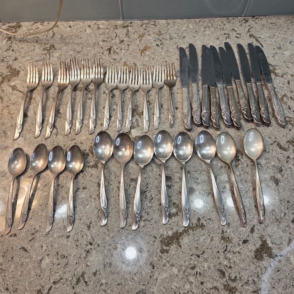Rogers & Bro Silver Plate Flatware Set 34pc Exquisite Pattern Floral Rose Vtg